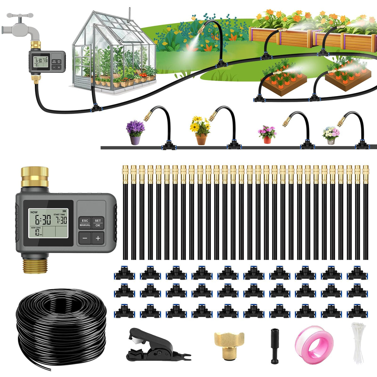 120FT Drip Irrigation System with Smart Water Timer