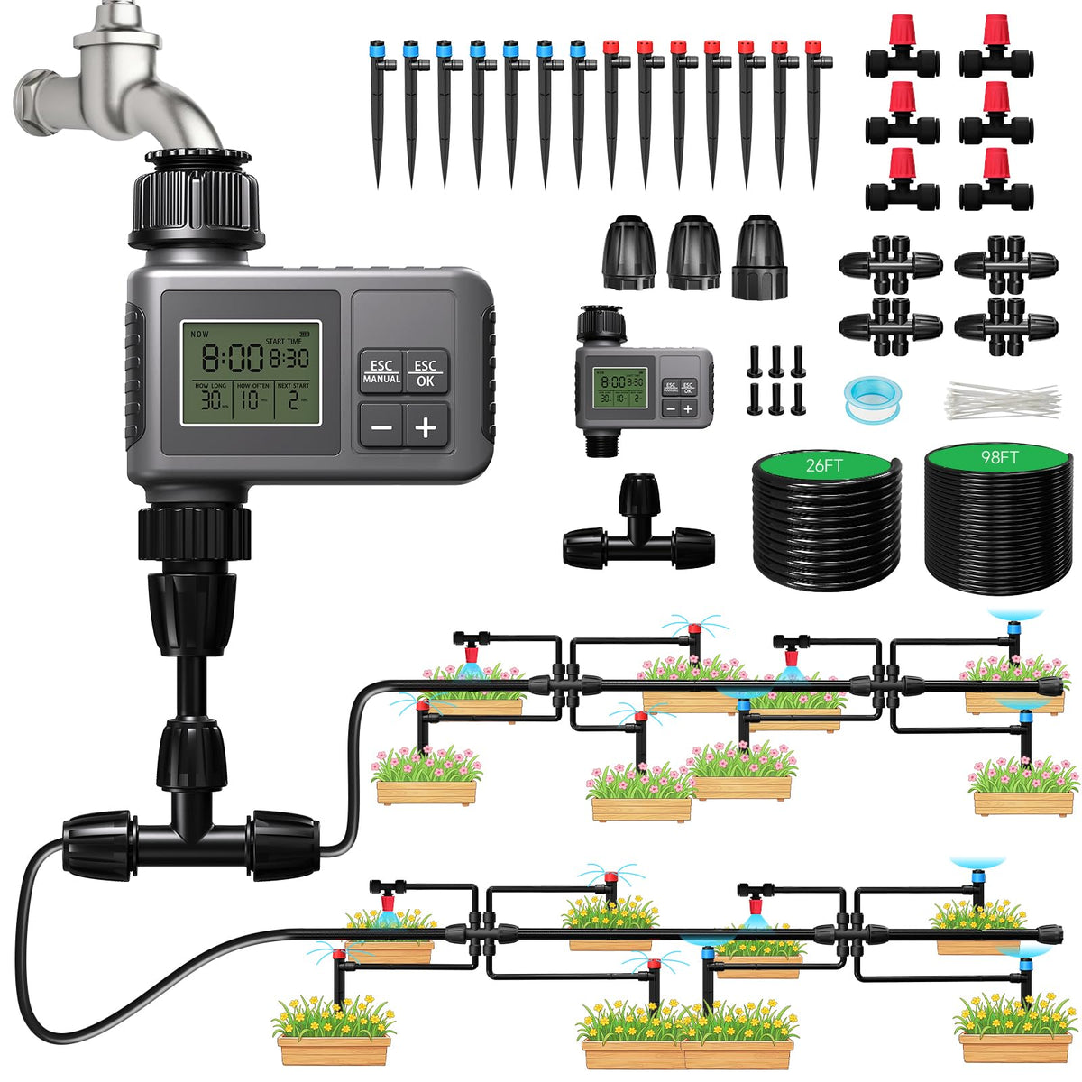 124FT Drip Irrigation System with LCD Timer
