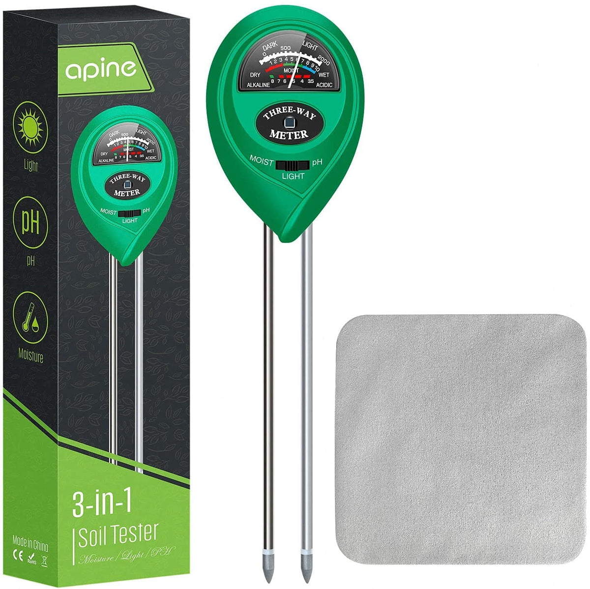 apine Soil Moisture Meter, 3 in 1 Soil pH Tester