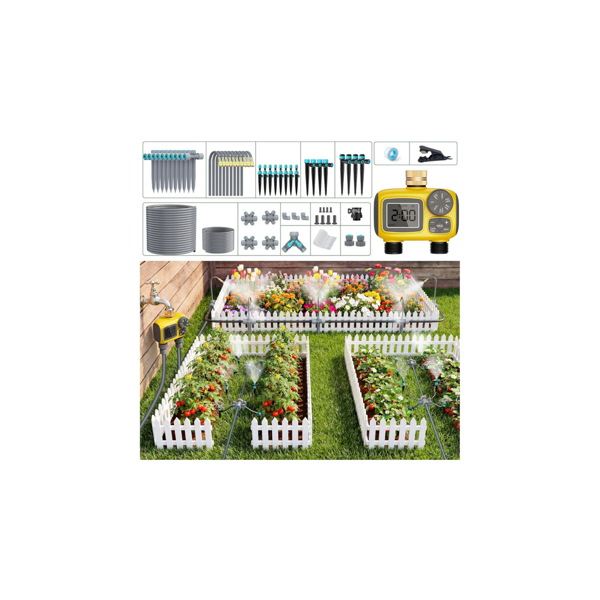 172FT Drip Irrigation System Kit with 2 Zone Water Timer