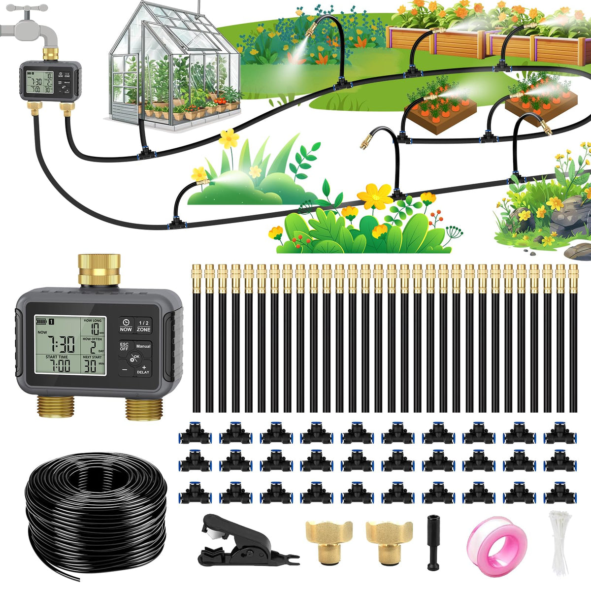 120FT Drip Irrigation System with Smart Water Timer