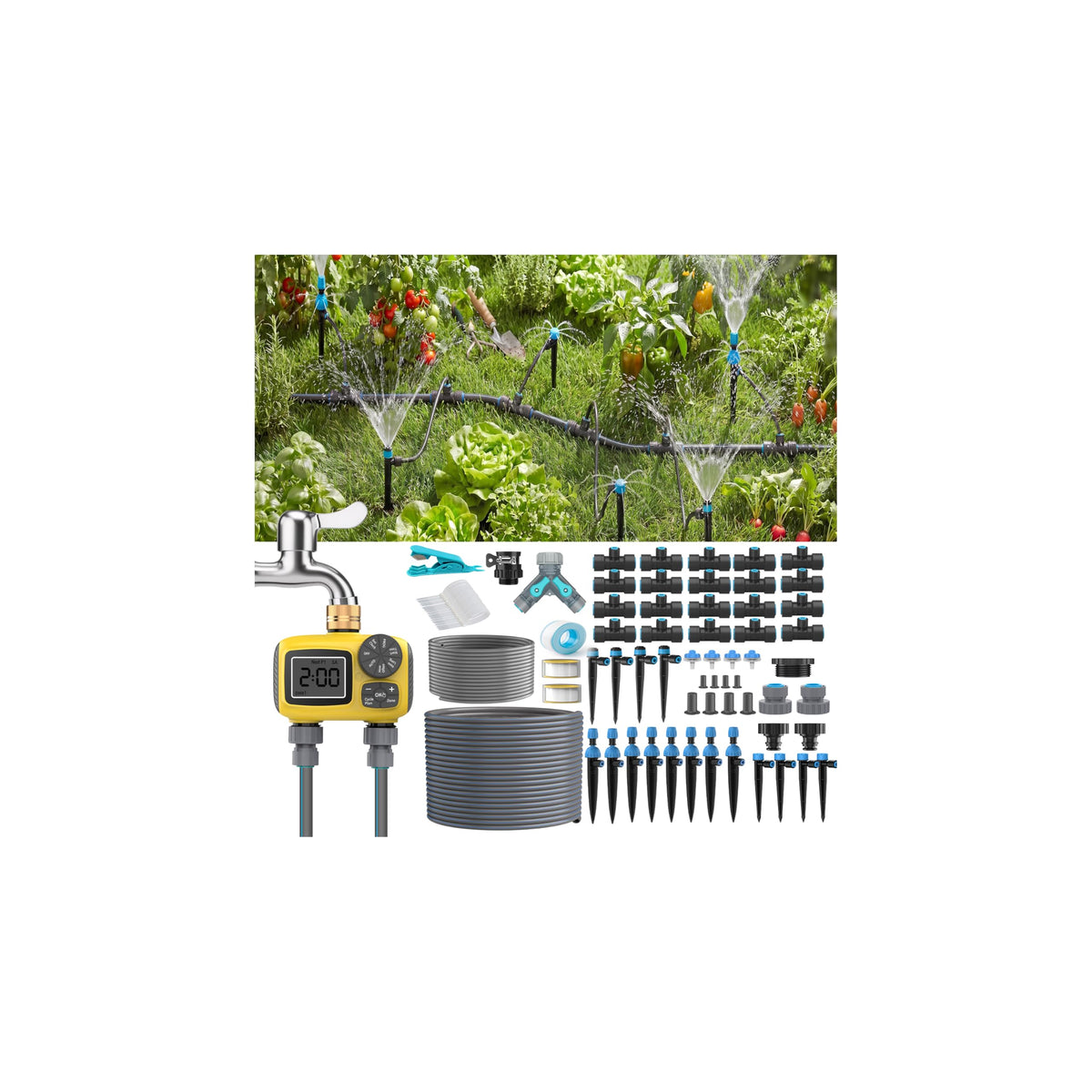 150FT Drip Irrigation System Kit with 2 Zone Water Timer